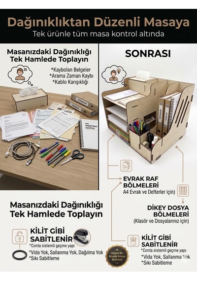 Mrx-org Desk 01 Masaüstü Organizer Peçetelikli Çok Amaçlı Masa Düzenleyici, Raflı Dosyalık Akçaağaç