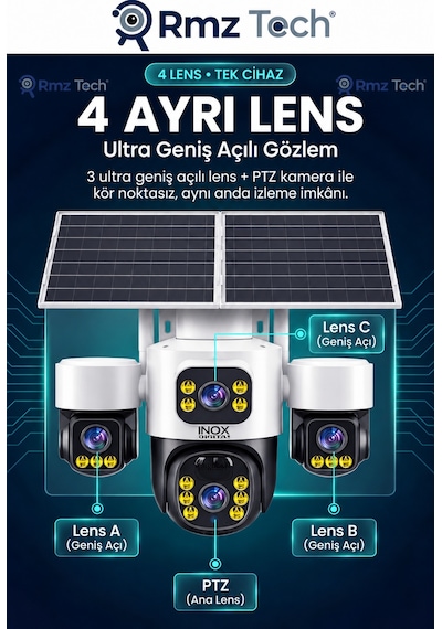 İnox X24 Sim Kartlı, 4 Kameralı , Güneş Enerjili, Solar Panelli Kamera, Aylık 8 Gb 1 Yıllık Sım Kart