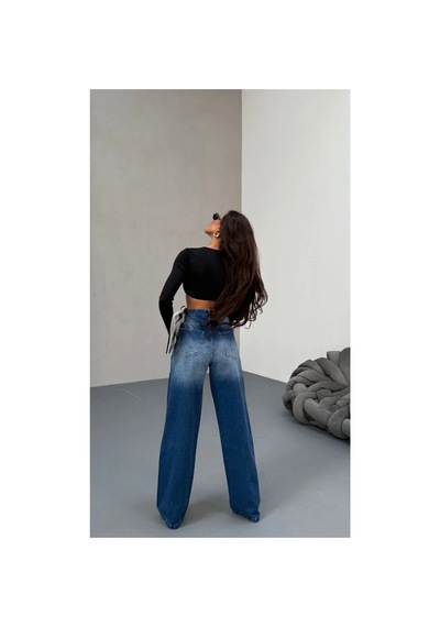 Kene Jeans Yüksek Bel Mavi Ön İşlemli Wide Leg Bol Paça Jeans Pantolon Mavi İşlemli