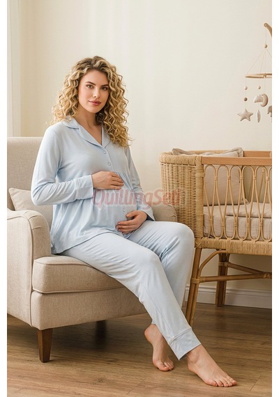 Lady Bebe Mavi Renkli Kol Ve Paçaları Manşetli, 33202 Uzun Kol, 2 Parça Lohusa Hamile Pijama Takımı Açık Mavi