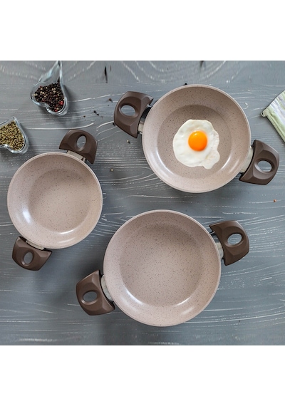 Gülsan Safran 3 Parça Granit Sahan Seti Tava Set 18 CM - 20 CM - 22 CM Krem