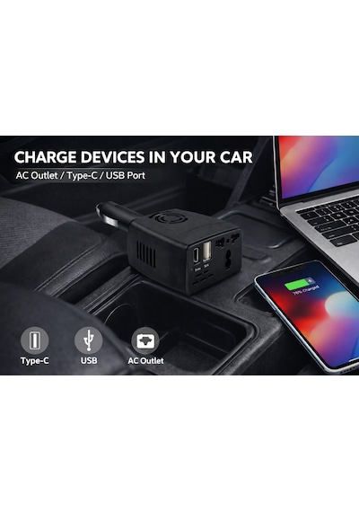 12v Araç İnvertörü 220v Priz Çevirici + Usb + Type-c 150w