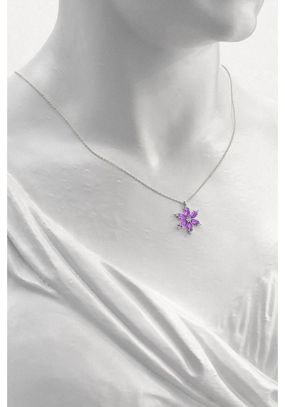 Brezza Lusso Jewelry 925 Ayar Lotus Çiçeği Ametist Taşlı Kadın Gümüş Kolye 40772463 42 CM 42 CM