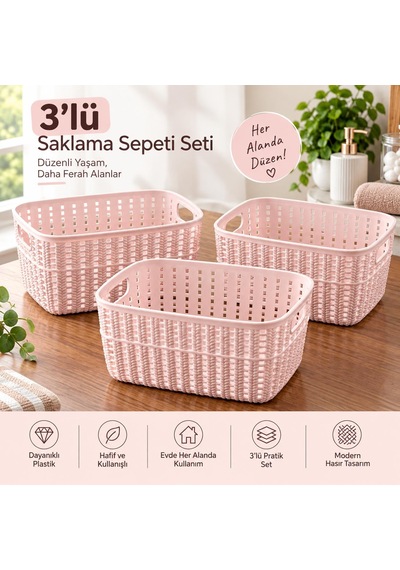 Selka Home Küçük Boy 3 Lü Örgü Desenli Saklama Sepeti Pembe