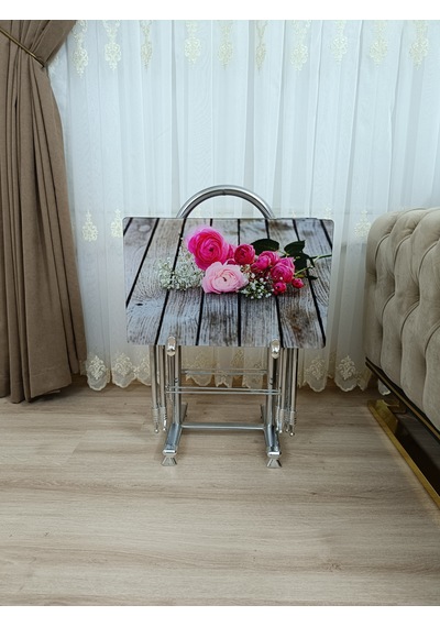 Çanta Zigon Sehpa,4'lü Sehpa, Zigon Sehpa, Camlı Sehpa -pembe Gül