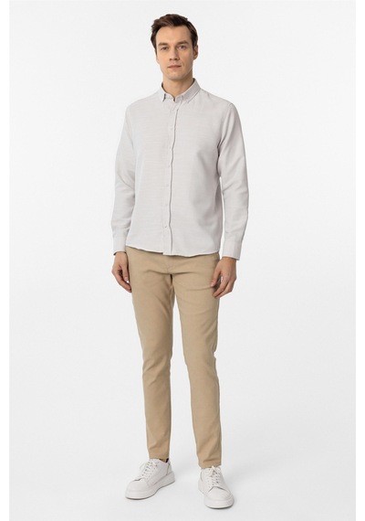 Süvari Ekru Slim Fit Armürlü Düğmeli Yaka Gömlek Ekru