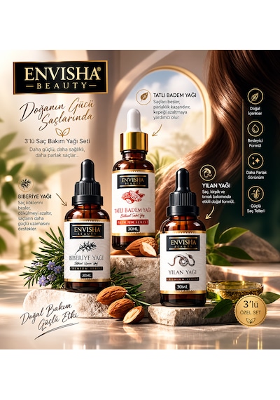 3'lü Saç Bakım Yağı Seti Biberiye 20 Ml + Tatlı Badem 30 Ml + Yılan Yağı 30 Ml Rosemary Oil Saç Ve Cilt Bakımı Damlalıklı Cam Şişe