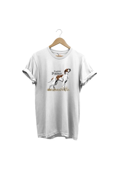 Hunting Avcılık English Pointer Av Köpeği Baskılı %100 Pamuk Regular Fit Unisex T-shirt Beyaz