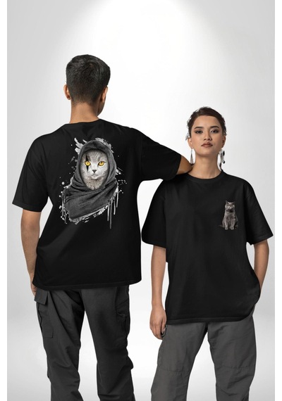 Safari Kedi Şal Eşarp Siyah Oversize Unisex Ön Ve Sırt Baskılı Tişört Siyah