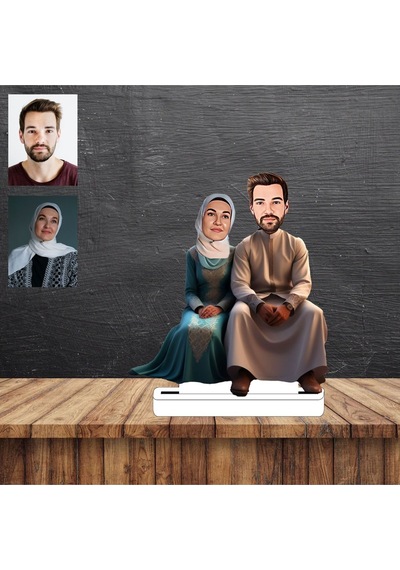 Tesettürlü Ve Eşi Karikatür Figürü,sevgiliye Hediye,d