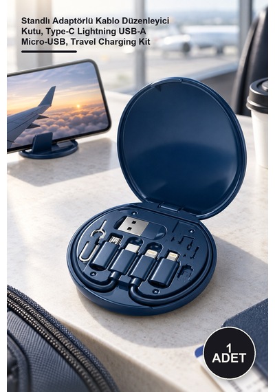 1 Adet Çok Fonksiyonlu Seyahat Şarj Kiti Standlı Adaptörlü Kablo Düzenleyici Kutu, Type-c Lightning Usb-a Micro-usb, Travel Charging Kit Lacivert