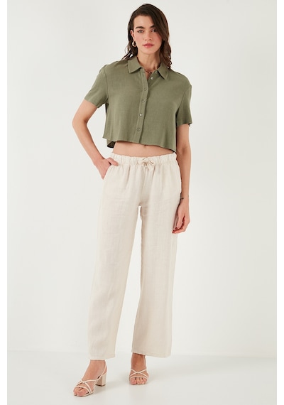 Lela Relaxed Fit Normal Bel Geniş Paça Çift Cepli Keten Bayan Pantolon 668Yp4991 Taş