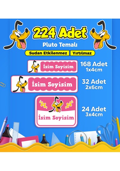 Okul Kreş Kişiye Özel İsim Etiket Seti Plüto Temalı - Model 85 Çok Renkli