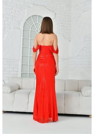 Dip Moda Kadın Düşük Kol Yırtmaç Detyalı Abiye Elbise Dpnbs002 Kırmızı