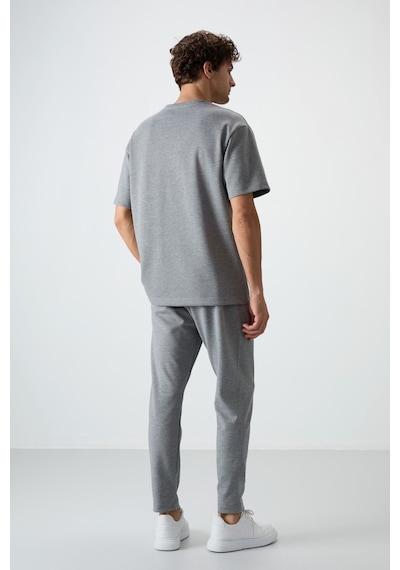 Tommy Life Gri Melanj Pamuklu Kalın Yumuşak Dokulu Oversize Fit Basic Erkek Eşofman Takım - 85251 GRİ MELANJ