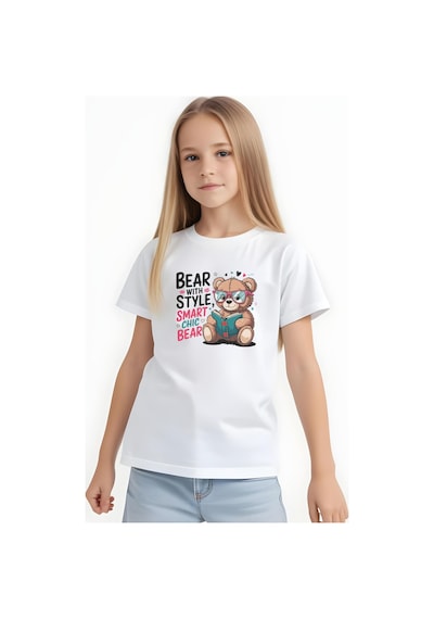 Fyk Kids Kız Çocuk Basic Bear Stayle Baskılı T-shirt Beyaz