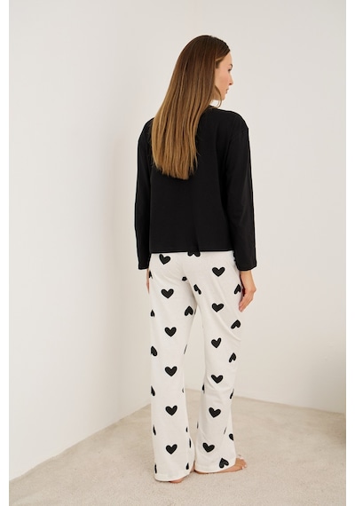 Siyah İnci Pamuklu Örme Pijama Takım7948 Beyaz Siyah Kalp