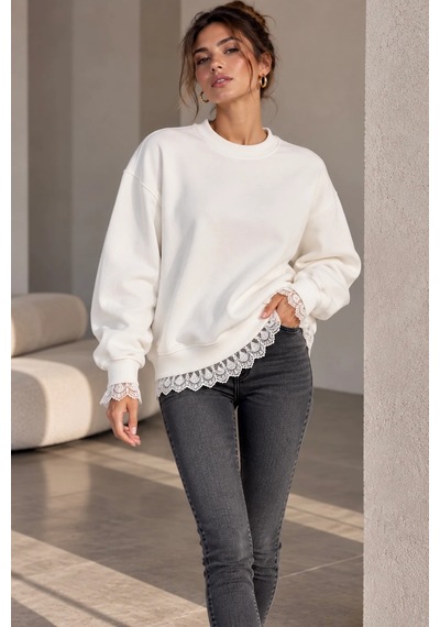 Bb Butik Basic Dantel Detaylı 3 İplik Şardonlu Kadın Sweatshirt My3535 beyaz