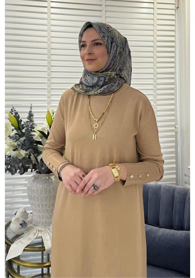 Rabia Şamlı İsra Triko Elbise Bej Normal