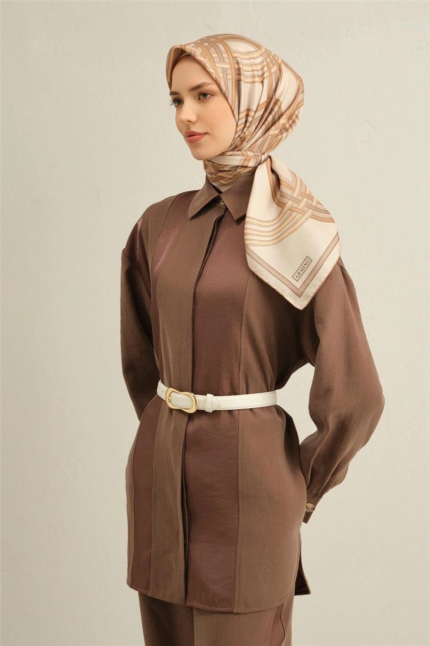 Armine Klasik Desenli Saf İpek Twill Eşarp 9333d 04 BEj