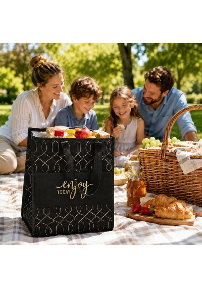 Termoslu Piknik Çantası 30x20x40 Cm, Isı Yalıtımlı Alüminyum Kaplamalı İç Yüzey, Keçe Dış Yüzey, Katlanabilir Termal Alışveriş Plaj Kamp Piknik Çantası Siyah