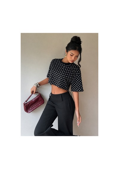 Hımmelduf Kadın Puantiye Desenli Crop Tişört Basic Oversize Yazlık Bluz Siyah