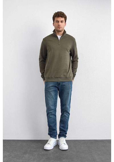 Backandbond Haki Regular Fit Dik Yaka Yarım Fermuarlı Sweatshirt