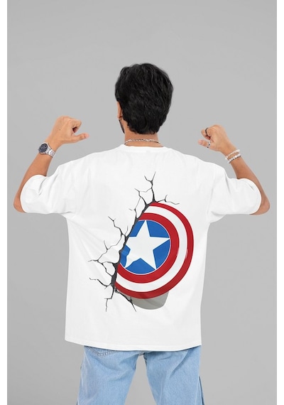 Kaptan Amerika Kalkan Baskılı Unisex Oversize Avengers Marvel Tiş Beyaz