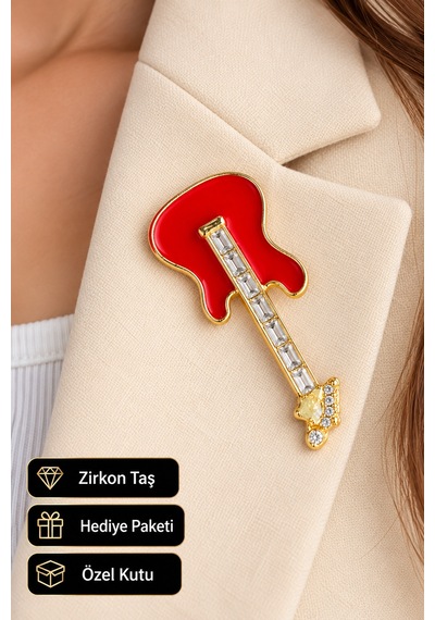 Kırmızı Gitar Figürlü Zirkon Taş Detaylı Gold Renk Broş Müzik Temalı Yaka Aksesuarı Açık Gri