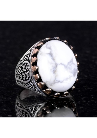 925 Ayar Katı Gümüş Erkek Yüzük, Doğal Taşlarla - El Yapımı Zarafet Howlite Taşı Gümüş