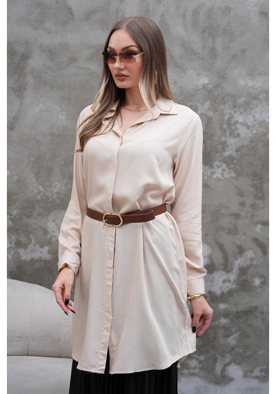 Polologin Butik Kemerli Uzun Krem Gömlek Tunik Ekru