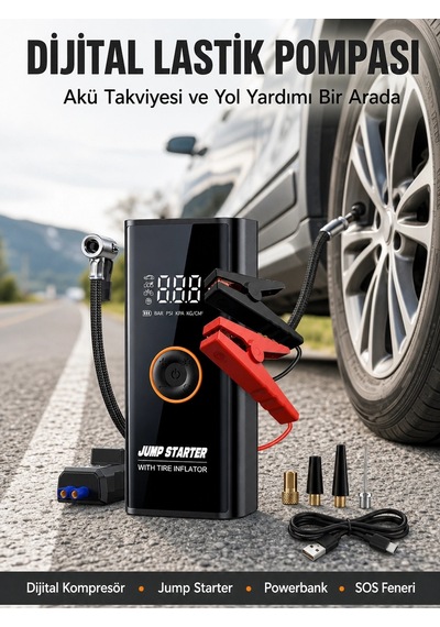 Çok Fonksiyonlu Araç Yol Yardım Kiti Jump Starter Ve Lastik Pompası Yeni Nesil 1