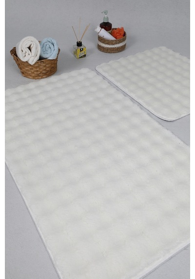 My Evilla Modern Bubble Yıkanabilir Kaymaz Peluş Banyo Paspası Halısı 2'li Klozet Takımı 60x100-50x60cm Krem