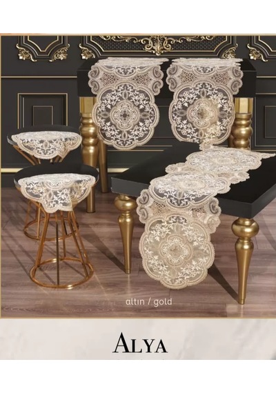 Salon Takımı 5 Parça Dantelli Masa Örtüsü Runner Seti Alya Model - Gold Çok Renkli