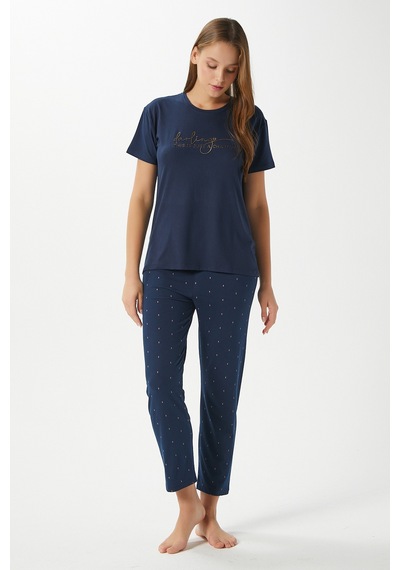 Ritnice Kadın Darling Yumuşak Doku Lacivert Bisiklet Yaka Kısa Kollu Alt Üst Pijama Takımı Lacivert