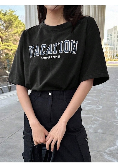 Unisex Siyah Oversize Vacation Baskılı Örme T-shirt Siyah