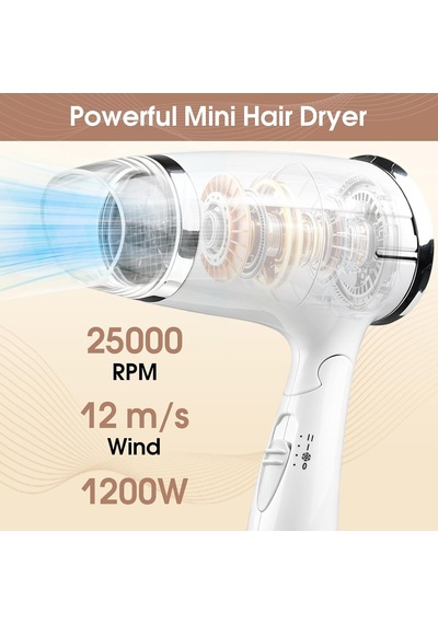Seyahat Saç Kurutma Makinesi 1200 W Katlanır Saplı Hafif Fön Makinesi, Akıllı Taşınabilir 3 Isı Ayarlı Profesy