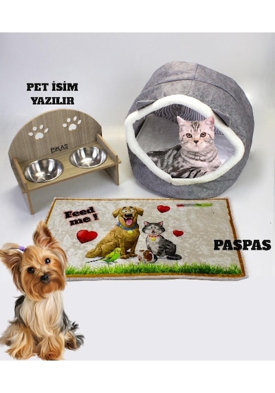 Alas Gri Keçe Kedi ve Köpek Evi Yatağı-Mama Kabı 2 Kaseli