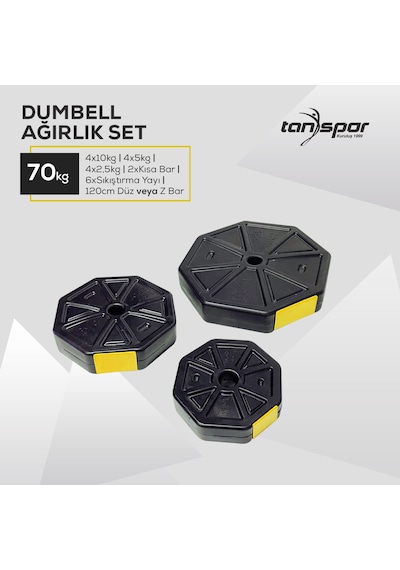 Tan Spor 70 KG Dambıl Halter Ağırlık Fitness Düz Bar Seti Kırmızı Kapaklı 150 CM