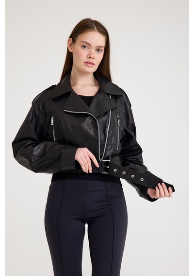 Fit Biker Kısa Bayan Deri Ceket Vb-17-bk-2426-23219 Siyah