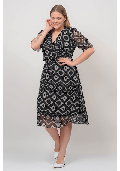 Neşeli Butik Kadın Kruvaze Yaka Midi Boy Büyük Beden Desenli Şifon Elbise Nb80622 Çok renkli