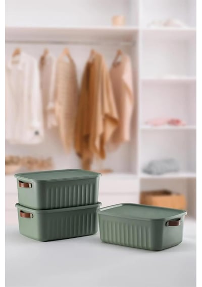 3 Adet Modern Kapaklı Saklama Kutusu Seti -15 Litre Yeşil- Taşınabilir Kulplu, Dolap İçi Düzenleyici, Çok Am Diğer