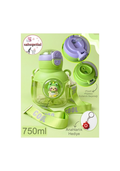 Ayıcık Su Matarası Ayıcıklı Suluk Figürlü Su Şişesi Ayıcık Matara Askılı Pipetli Matara 750ml Yeşil