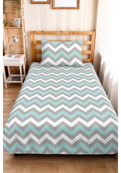 Turkuaz Gri Zigzag Geometrik Genç Odası Tek Kişilik Pike Takımı - 160x220 Cm Kapitone Yatak Örtüsü Doğal Ot Yankısı
