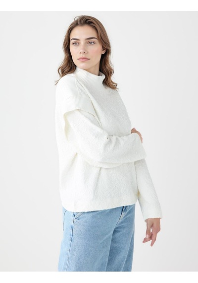 Jimmy Key Jimmy Key Ekru Dik Yaka Uzun Kollu Desenli Örme Sweatshirt 5ww236029114