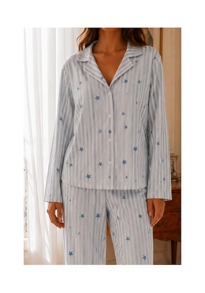 Fit Women Kadın Relax Fit Düğme Mavi Pijama Takımı