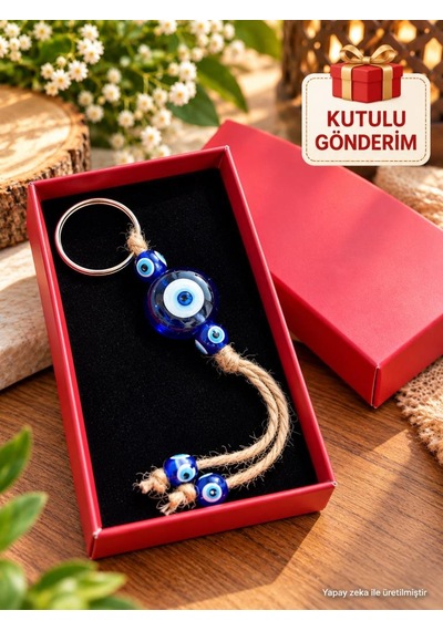Cam Nazar Boncuklu Anahtarlık Kutulu Hediyelik Mavi Nazar Anahtarlık