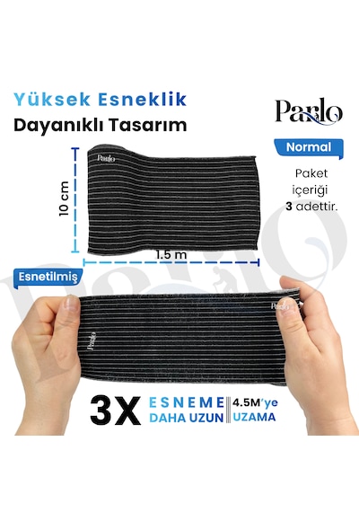 Parlo Siyah Elastik Bandaj 10 Cm X 1,5 M 3 Lü Set %300 Esnek, 4,5 M Ye Kadar Uzayan, Metal Kancalı Destek Ve Sargı Bandajı