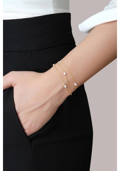 So Chic Zirkon Taşlı 18 Ayar Sarı Altın Kaplama 19 Cm Üç Sıra Gümüş Bileklik 99209637