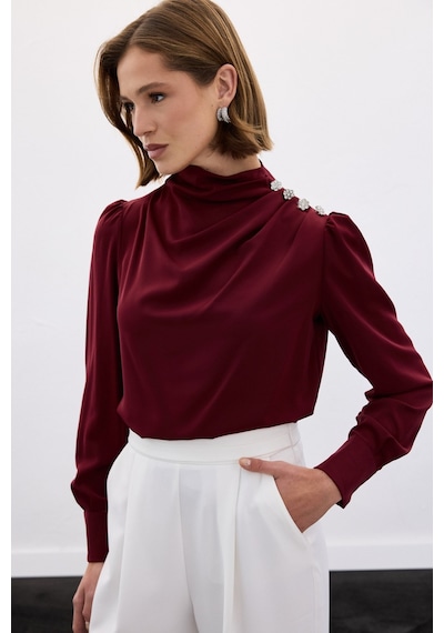 Sateen Düğmeleri Taş Detaylı Bluz - Bordo-136421 Bordo